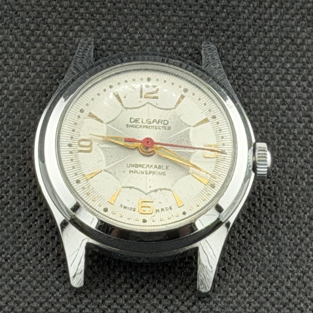 Vintage Delgard Swiss Made-Silver Tone Watch Head, Antimagnetic, Parts Repair